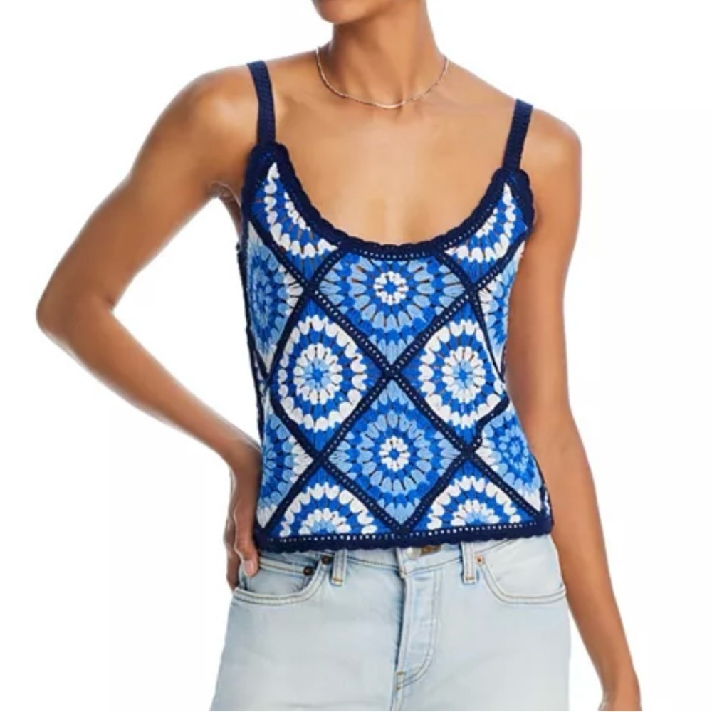 Aqua Crochet Tank Top Blue white Womens L Scoop neck Granny Square Festival NWOT